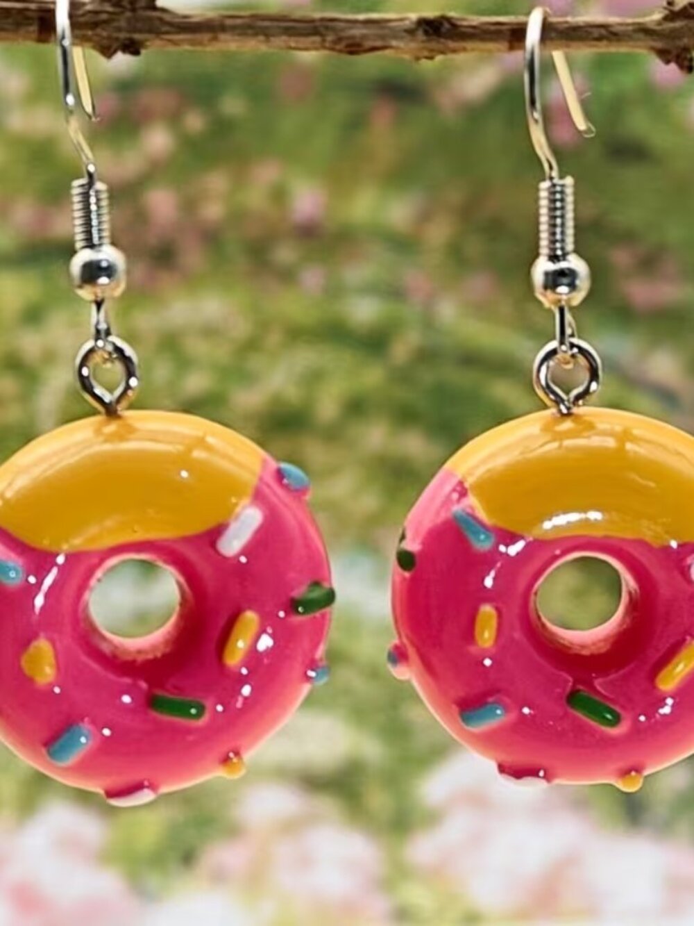 Pink Donut Earrings 🍩 Cute Sprinkle Dangle Kawaii Dessert Jewelry - Picture 2 of 5